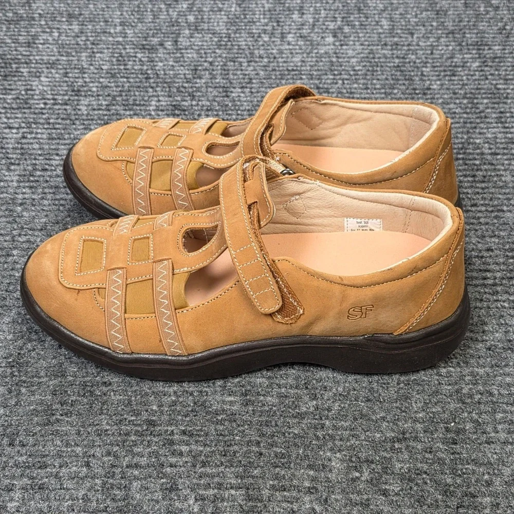 SureFit Acapulco‎ Mary Jane Shoes Womens 8.5W Tan Leather Suede Hook Loop Straps